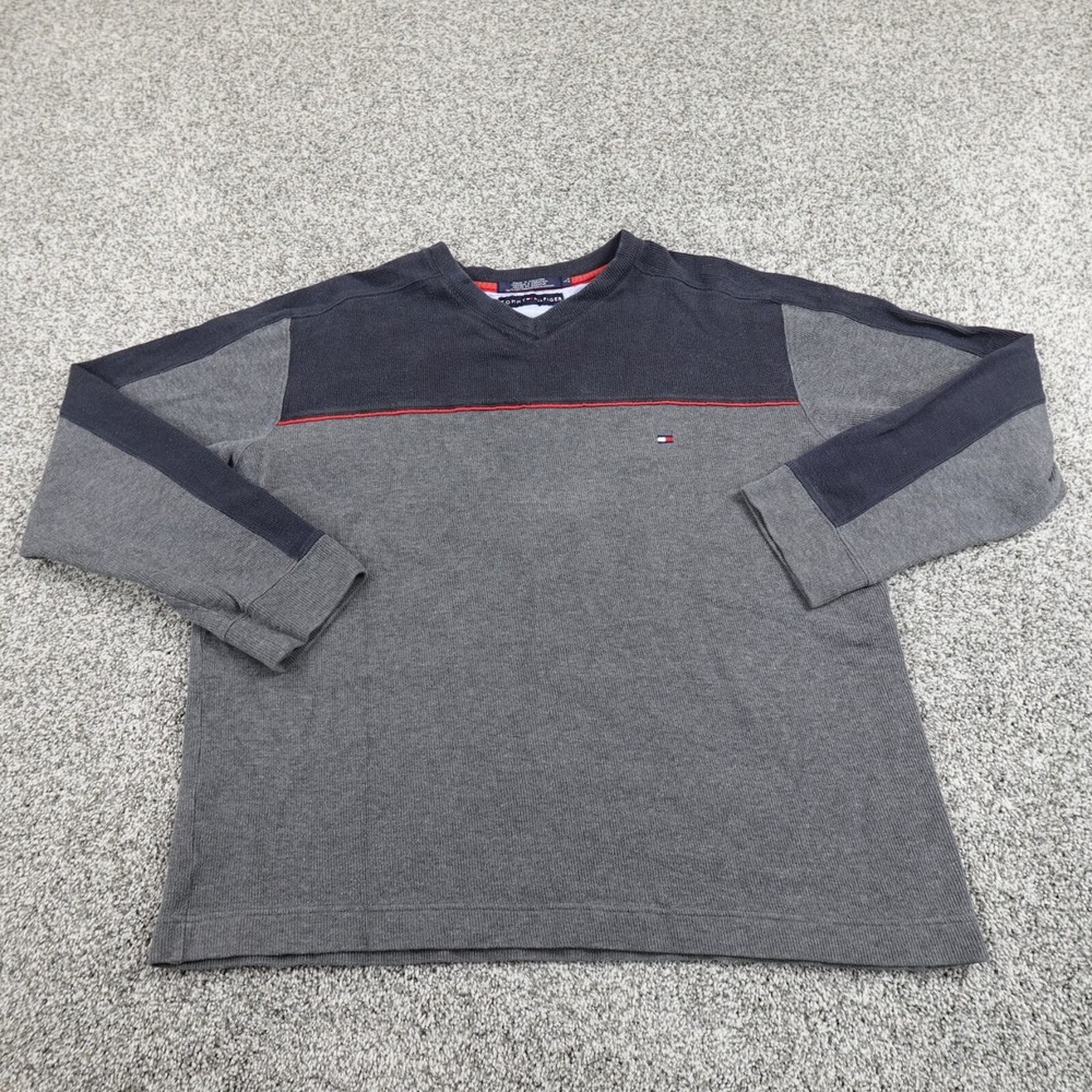 VTG Tommy Hilfiger Sweater Mens L Gray Blue Flag Knit Pullover Sweatshirt Y2K